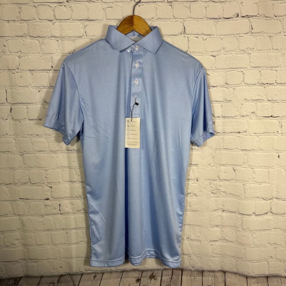 Collars & Co Mens Dress Collar Polo Shirt Blue White Check Stretch Small NWT